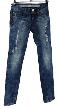 Dámské modré skinny bokové rifle s prošoupáním 