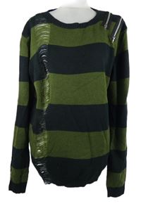 Dámský khaki-černý pruhovaný svetr se zipy Heartless 