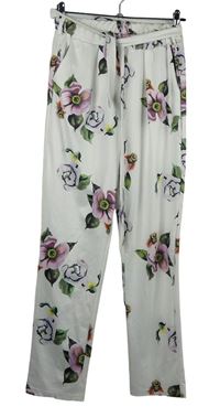 Dámské bílé květované volné kalhoty s páskem 