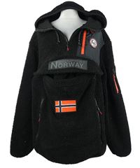 Pánska čierna huňatá funkčná bunda s logy a kapucňou Geographical Norway