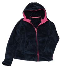 Tmavomodrá chlupatá propínací mikina s kapucí 