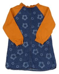 Modro-oranžové riflovo/teplákové šaty s kytičkami Next