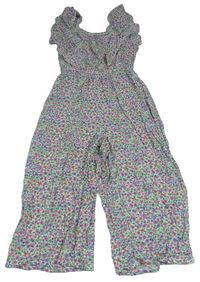 Bielo-lila-zelený kvetovaný culottes overal Primark