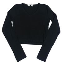 Čierne rebrované crop tričko s čipkou H&M