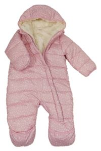 Světlerůžovo-bílá květovaná šusťáková zimní kombinéza s kapucí Pocopiano