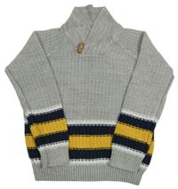 Sivý sveter so žlutým a tmavomodrým pruhom Lupilu