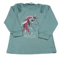 Zelenošedá dlhá mikina s jednorožcom a volánikmi Kiki&Koko