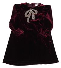 Vínové zamatové šaty s mašlí z kamínků