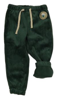 Tmavozelené plyšové rebrované tepláky s nášivkou