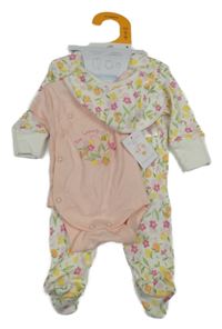 Nové - 3Set - Bílý overal s kytičkami + bryndák + body se včelkou PRIMARK