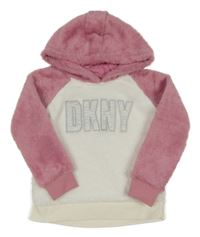 Růžovo-bílá chlupatá mikina s nápisem a kapucí DKNY