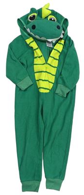 Kockovaným - Zelená fleecová kombinéza s kapucí - dinosaurus