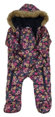 Tmavomodrá šusťáková zimní kombinéza s kytičkami F&F