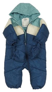 Tmavomodro-modro-smetanová šusťáková prošívaná zimní kombinéza s kapucí + rukavice M&S