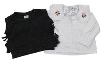 Nové - 2set - Biela košeľa s kvetmi a límečkem + tmvošedá svetrová vesta