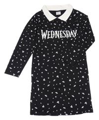 Čierne hviezdičkované šaty s nápisom a límečkem - Wednesday