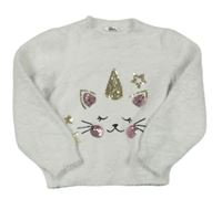 Biely chlpatý sveter s kočičkou z flitrů M&Co