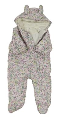 Biela menšestrová zimná kombinéza s kvietkami a kapucňou s uškami Next