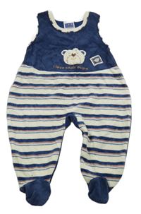 Tmavomodro-bílo-modro-rezavé pruhované sametové dupačky s medvedíkom Topolino