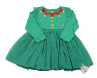 Nové - zeleno-červené bavlněno/tylové šaty s volánky - elfka St. Bernard