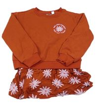 Rezavá teplákovo/lehká šatová tunika s květy L&D