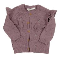 Fialovohnědý károvaný úpletový propínací svetr s kytičkami a volánky PRIMARK