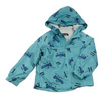 Modrozelená šusťáková jarní bunda s krokodýlky a nápisy a kapucí KIABI