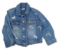 Modrá riflová bunda s jednorožci a duhami a květy a límečkem F&F