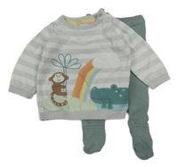 2Set - Světlešedo-bílý pruhovaný svetr se zvířátky a duhou a palmou + khakišedé pletené polodupky F&F