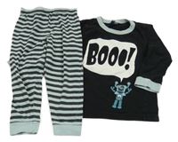 Černo-světlemodrošedé pruhované pyžamo s nápisem a robotem