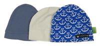 3x - Čepice - Modrošedá žebrovaná, bílá se sloníkem H&M, cobaltově modrá s kotvami 