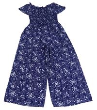 Tmavomodrý vzorovaný culottes overal s květy