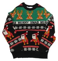 Čierno-zelený vzorovaný sveter so sobmi a Santy Peacocks