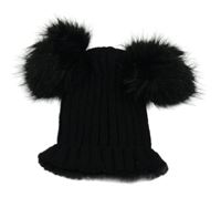 Čierna rebrovaná pletená čapica s bambulemi