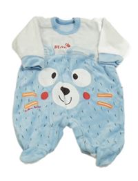 Světlemodro-biely zamatový overal s medvěďom