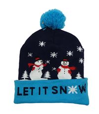 Tmavomodro-modrá čapica so sněhuláky a brmbolcom