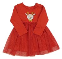 Červené bavlněno/tylové šaty so sobom a trblietkami Peacocks