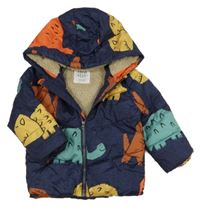 Tmavomodrá melírovaná šusťáková zimní bunda s dinosaury a kapucí F&F