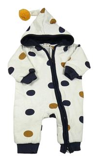 Biela bodkovaná á tepláková podšitá kombinéza s kapucňou s brmbolcom