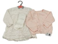 Nové - 3set - Bílé květované šaty + světlerůžový propínací svetr + bílé punčocháče Dunnes