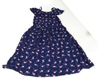 Tmavomodré lehké šaty s plameňáky a volánem