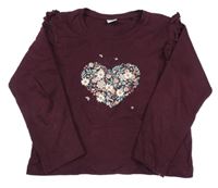 Vínové triko se srdcem z květin a volánky