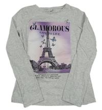 Sivé melírované tričko s Eiffelovou věží a motýly Page One Young