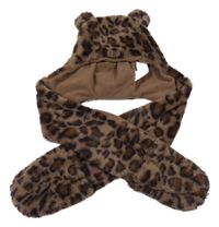 Hnědá kožešinová čepice se šálou a leopardím vzorem George