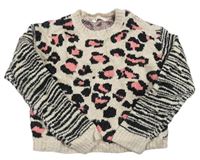 Smetanovo-čierno-ružový crop sveter s leopardím vzorom Matalan