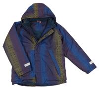 Fialovo-modro-žlutá vzorovaná šusťáková zimní funkční bunda s kapucí 