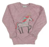 Růžový chlupatý svetr s jednorožcem Matalan