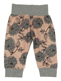 Růžovo-šedé květované lehké tepláky 