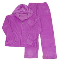 2 set - fuchsiová plyšová propínací mikina s kapucí + tepláky 