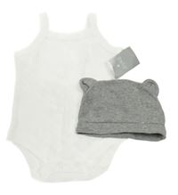 2 set - biele bodkovaná é body + sivá čapica s ušima